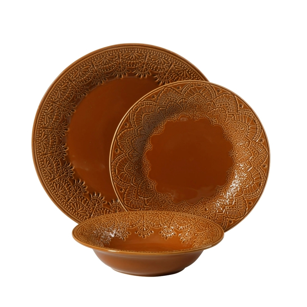 💜 3 PIECE Set New 2025 The Pioneer Woman Embossed Caramel Dinnerware Set